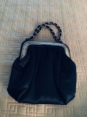 Vintage Bijoux Terner Navy Blue Evening Bag with Silver Trim and Chain Handle